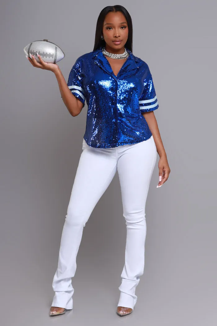 Draft Pick Sequined Button Down Blouse - Royal Blue sold by Swankaposh product image thumbnail 3