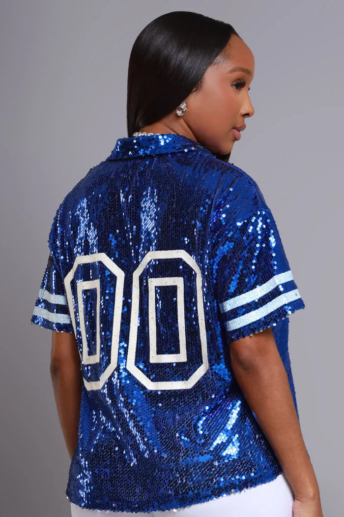 Draft Pick Sequined Button Down Blouse - Royal Blue sold by Swankaposh