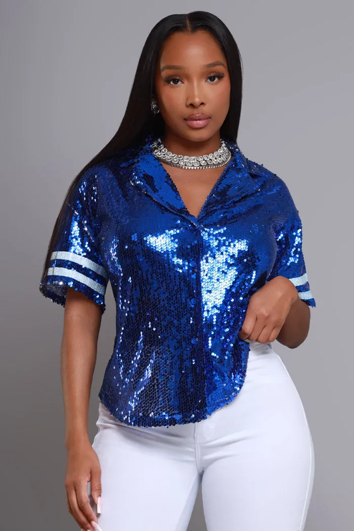 Draft Pick Sequined Button Down Blouse - Royal Blue sold by Swankaposh product image thumbnail 2