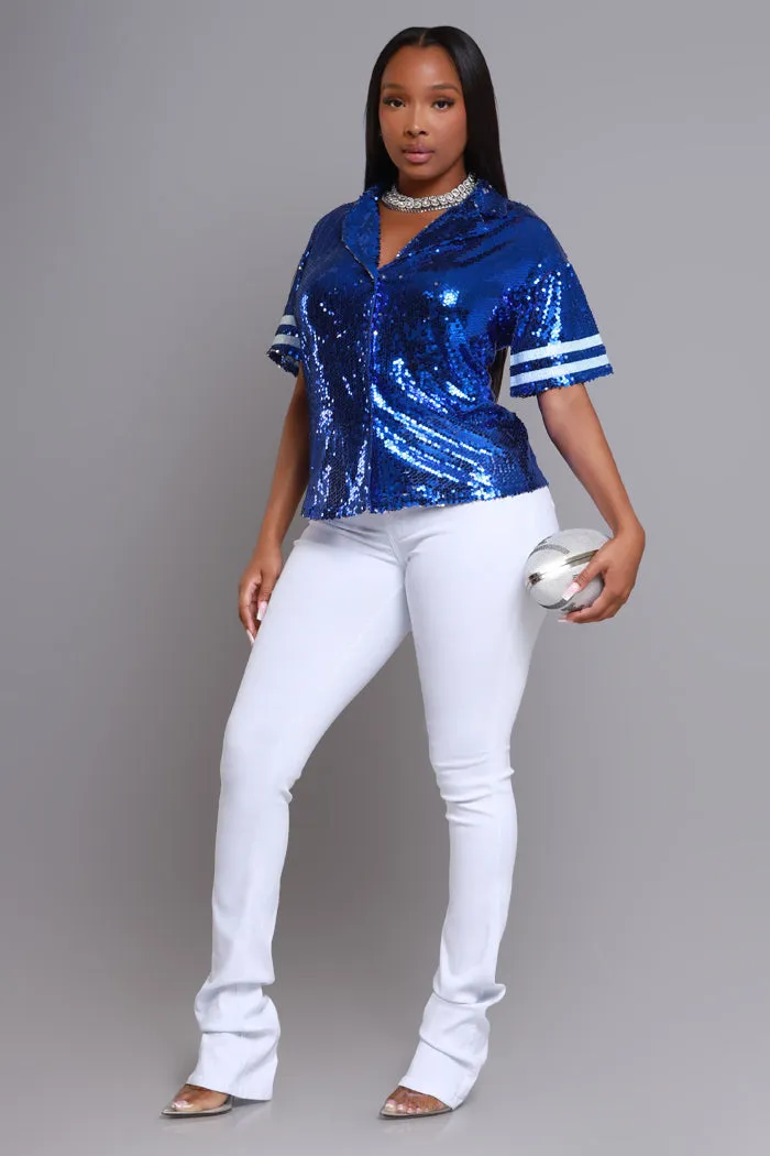 Draft Pick Sequined Button Down Blouse - Royal Blue sold by Swankaposh product image thumbnail 4