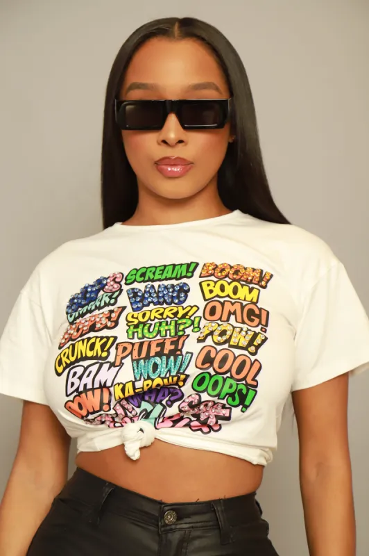 Shout Out Embellished Graphic Print T-Shirt - White sold by Swankaposh