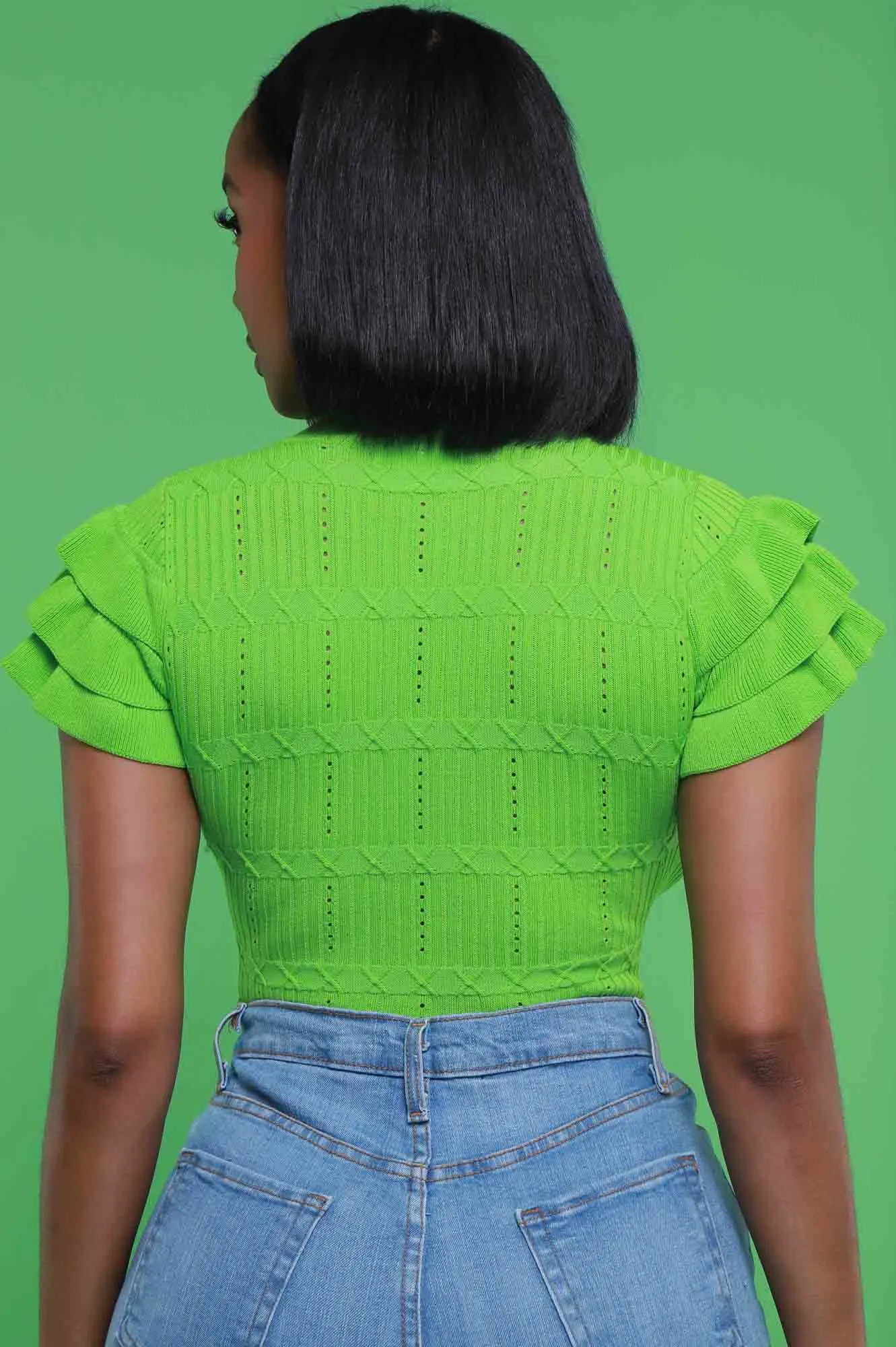Sweetness Ruffle Shoulder Turtleneck Short Sleeve Sweater - Green sold by Swankaposh product image thumbnail 3