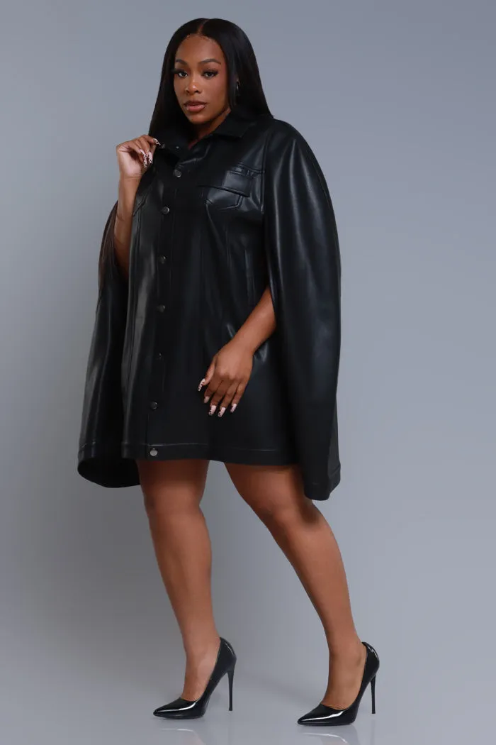 Well Wisher Button Up Faux Leather Poncho - Black sold by Swankaposh product image thumbnail 4