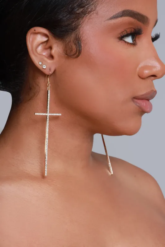 Saved Oversized Rhinestone Cross Earrings - Gold sold by Swankaposh