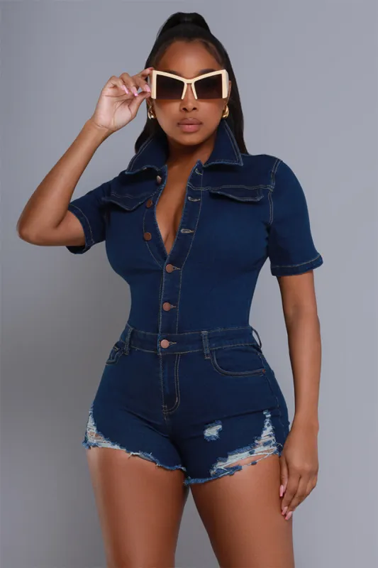 Overload Distressed Denim Romper - Dark Wash sold by Swankaposh