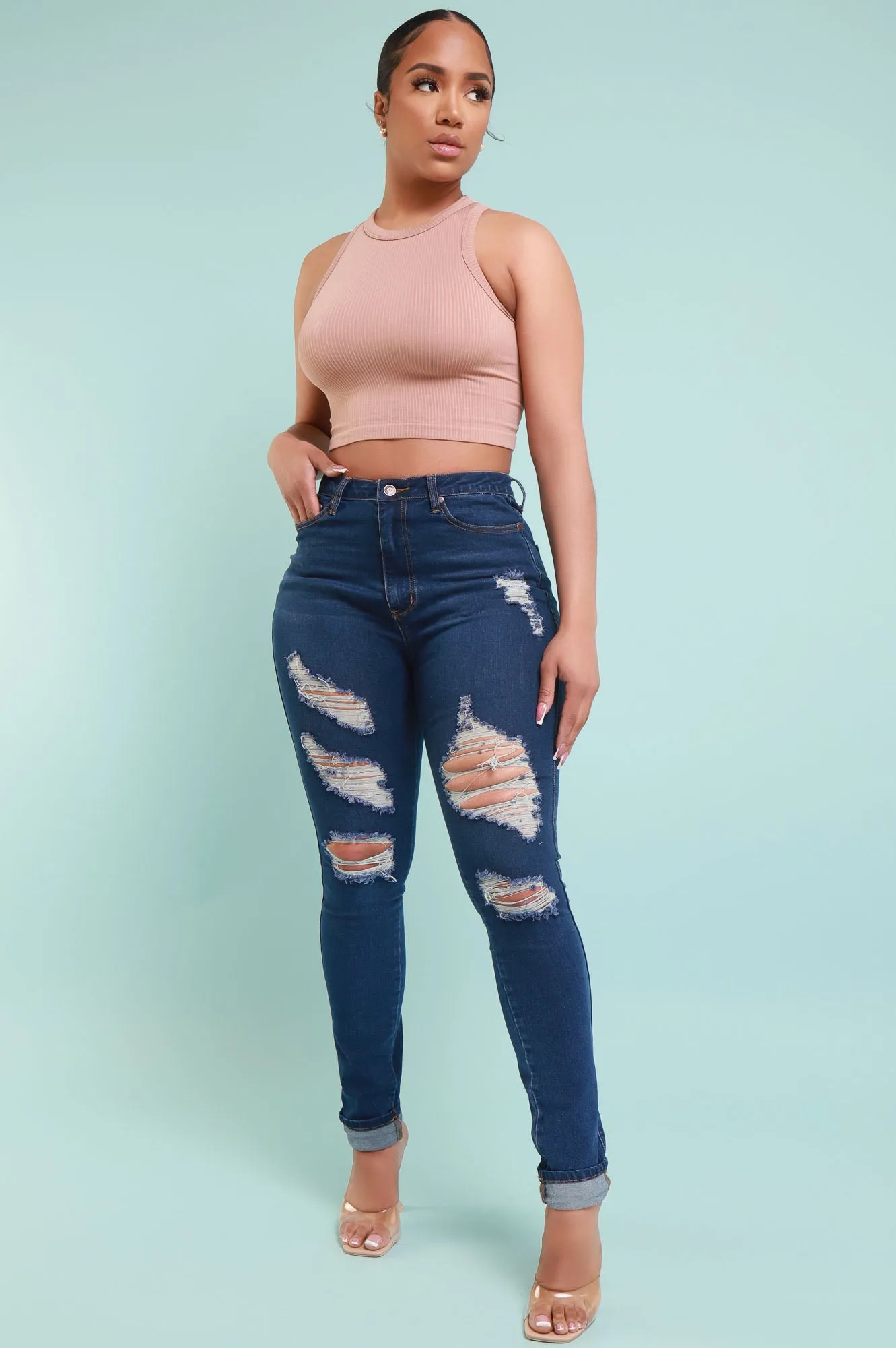 Don't Blame Me High Rise Distressed Stretchy Jeans - Dark Wash sold by Swankaposh