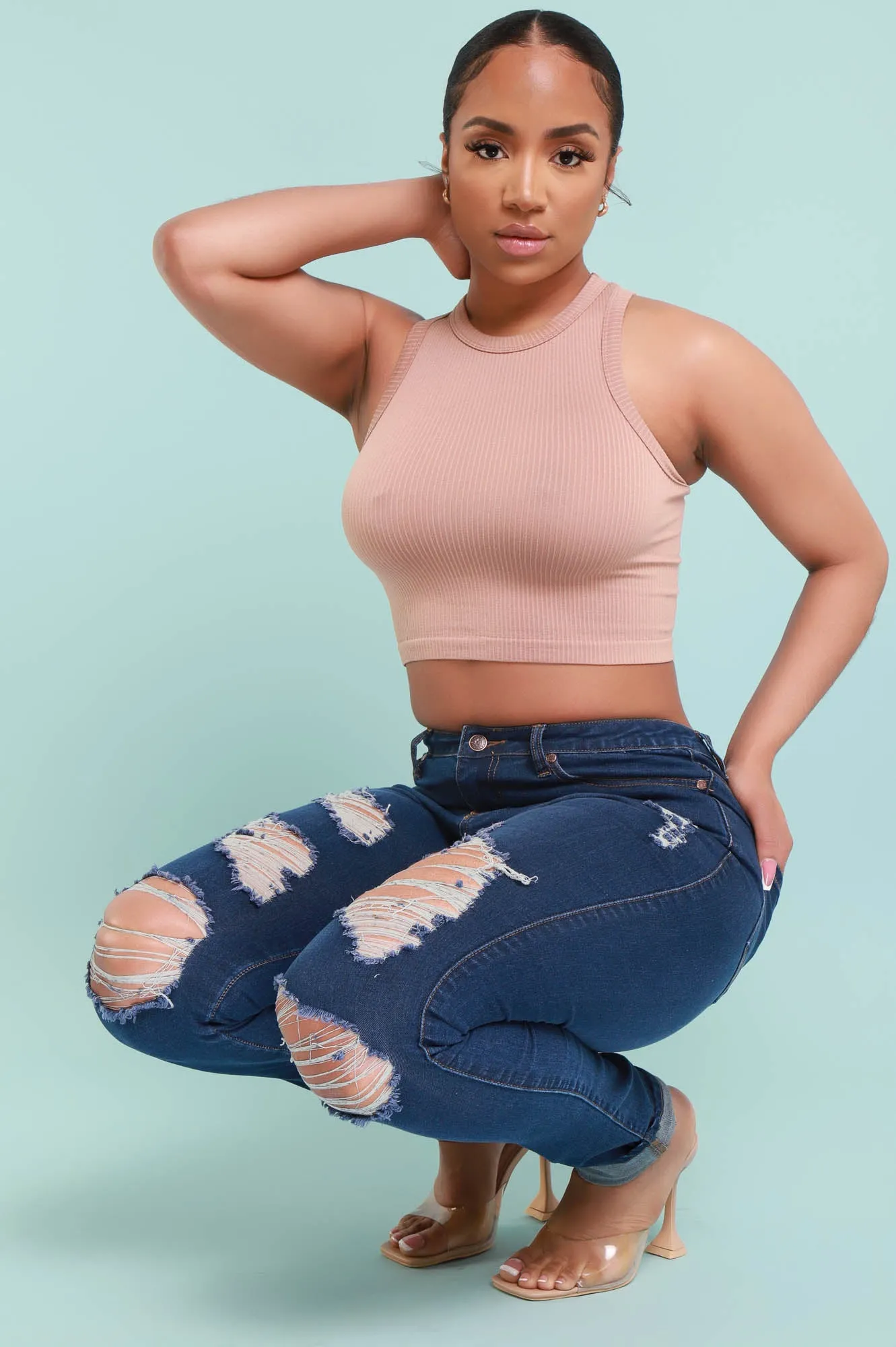 Don't Blame Me High Rise Distressed Stretchy Jeans - Dark Wash sold by Swankaposh product image thumbnail 3