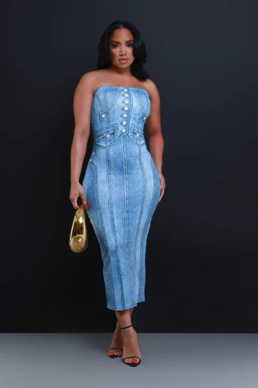 Last Song Denim Print Tube Midi Dress - Light Indigo sold by Swankaposh