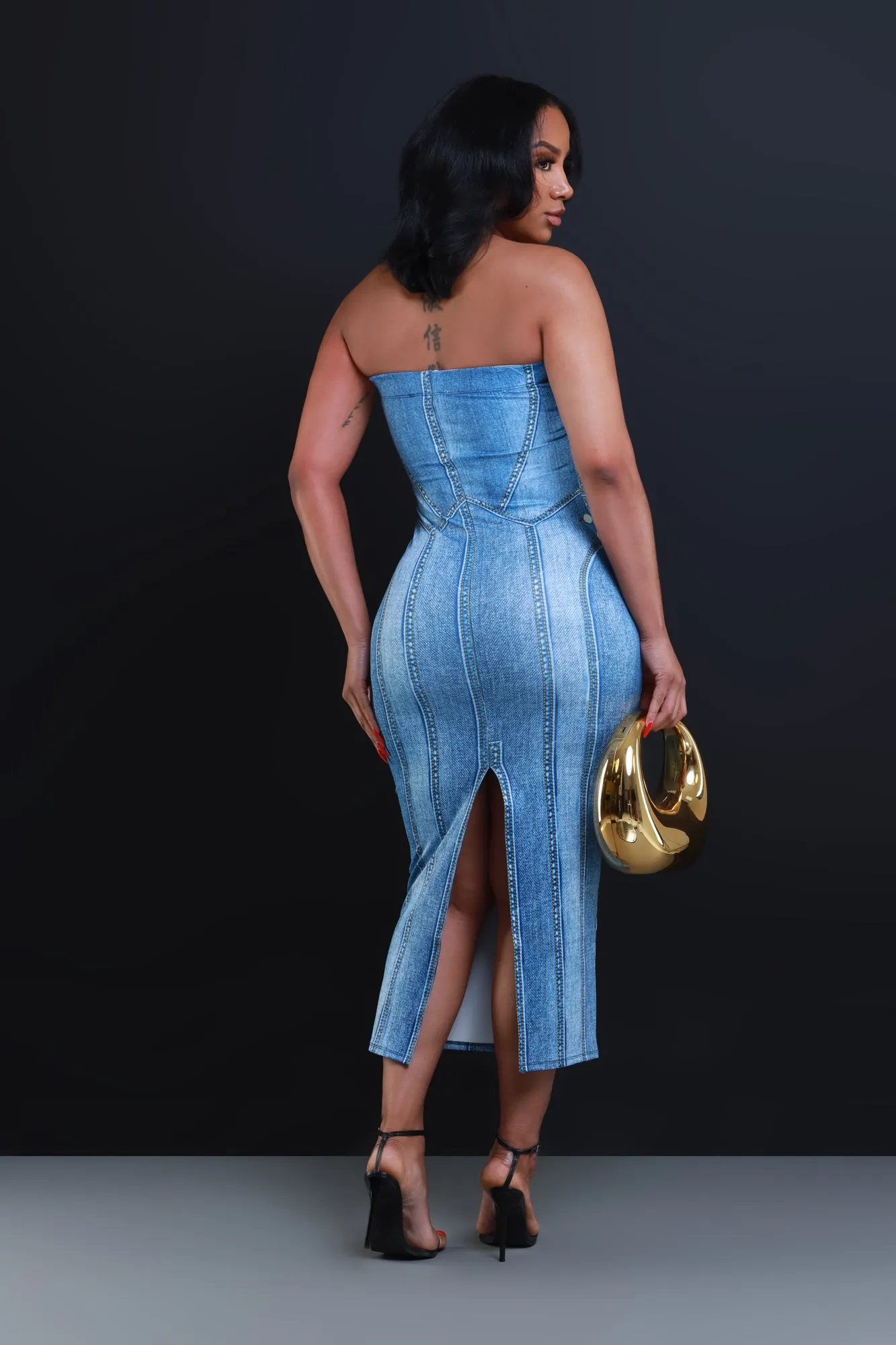 Last Song Denim Print Tube Midi Dress - Light Indigo sold by Swankaposh product image thumbnail 3