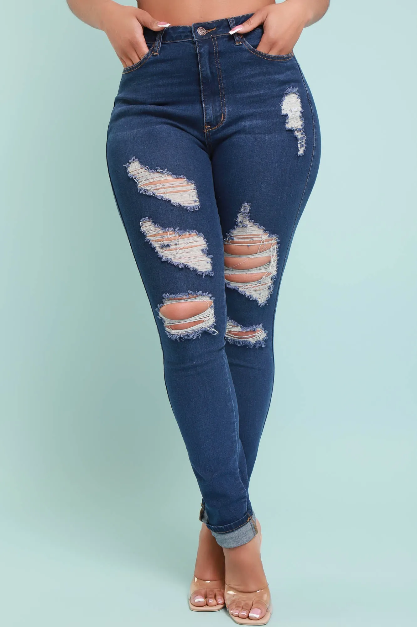 Don't Blame Me High Rise Distressed Stretchy Jeans - Dark Wash sold by Swankaposh product image thumbnail 2