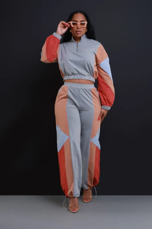 On My Mama Cropped Color Block Pants Set - Grey/Orange sold by Swankaposh