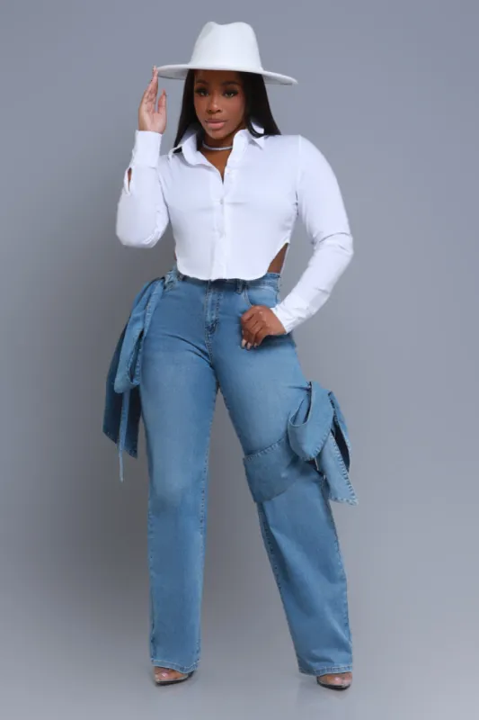 Best Offer Mid Rise Bow Tie Wide Leg Jeans - Med Wash sold by Swankaposh