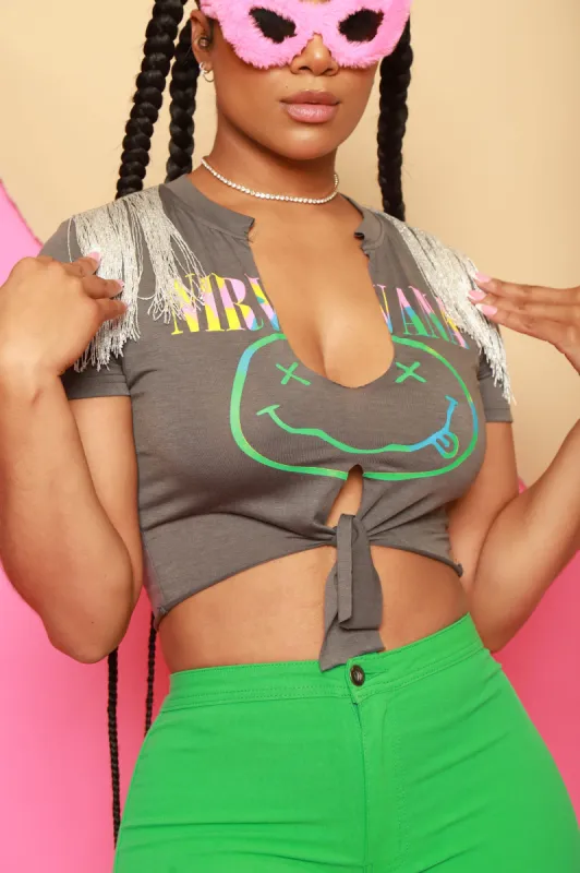 Teen Spirit Graphic Fringe Cut Out Top - Grey sold by Swankaposh