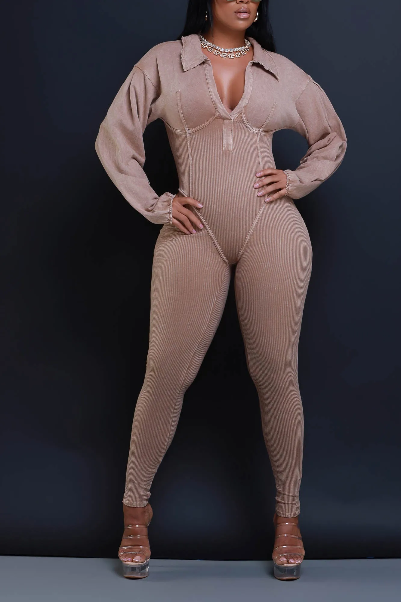Order Up Mineral Wash Corset Lace Up Jumpsuit - Mocha sold by Swankaposh product image thumbnail 4