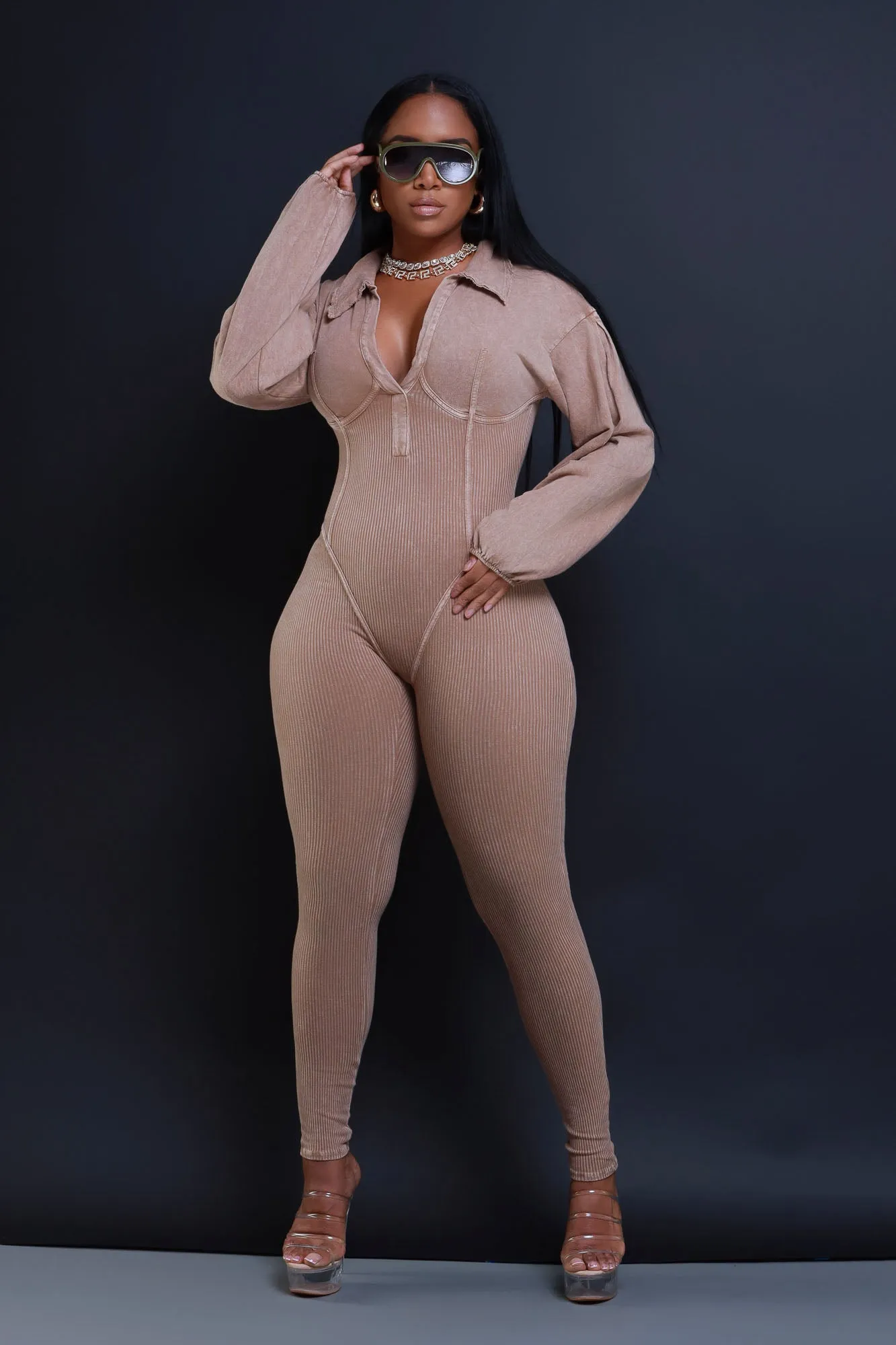 Order Up Mineral Wash Corset Lace Up Jumpsuit - Mocha sold by Swankaposh product image thumbnail 2