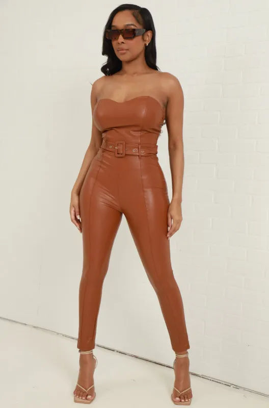 High Status Faux Leather Belted Jumpsuit - Camel sold by Swankaposh