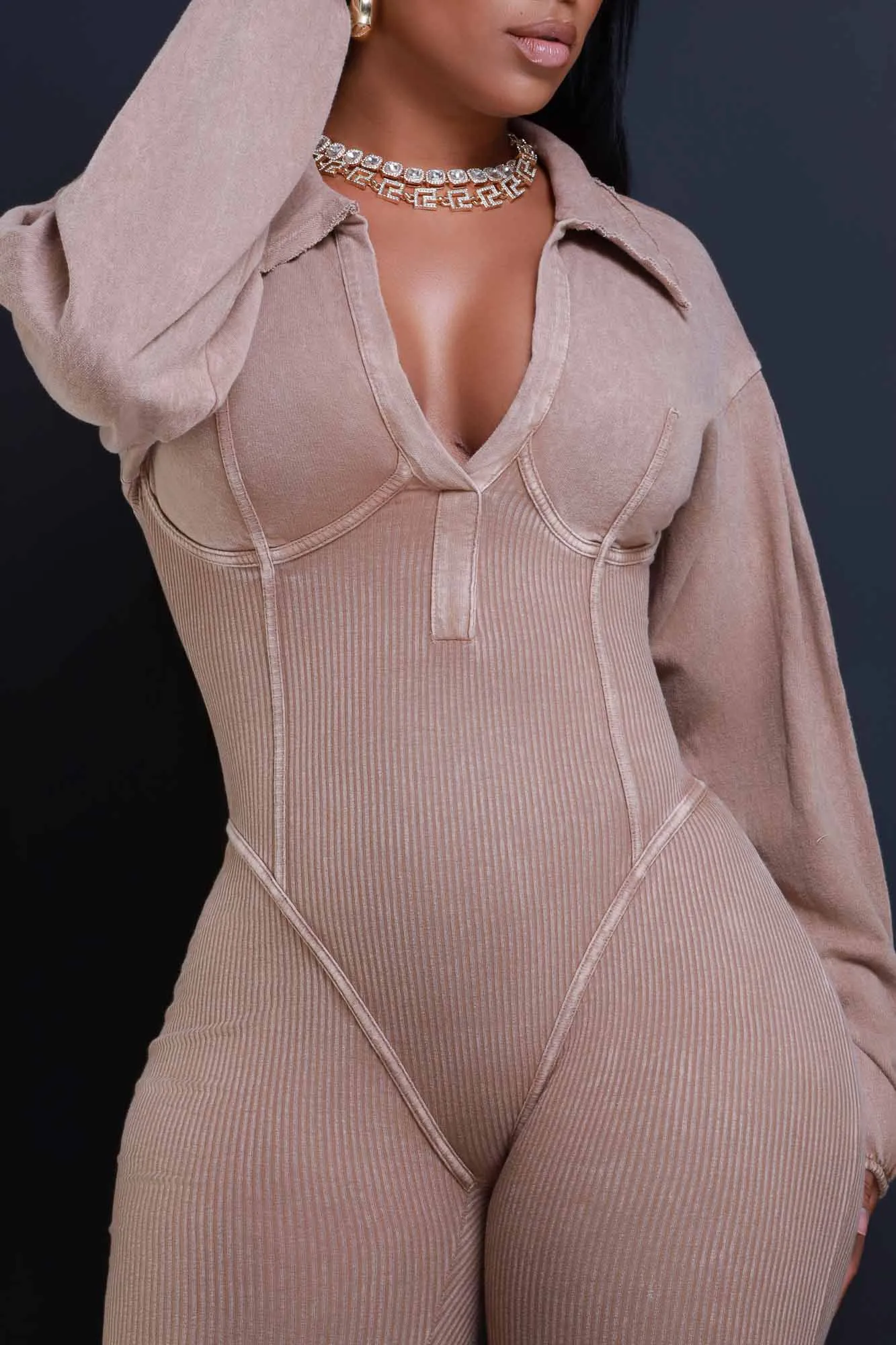 Order Up Mineral Wash Corset Lace Up Jumpsuit - Mocha sold by Swankaposh product image thumbnail 5