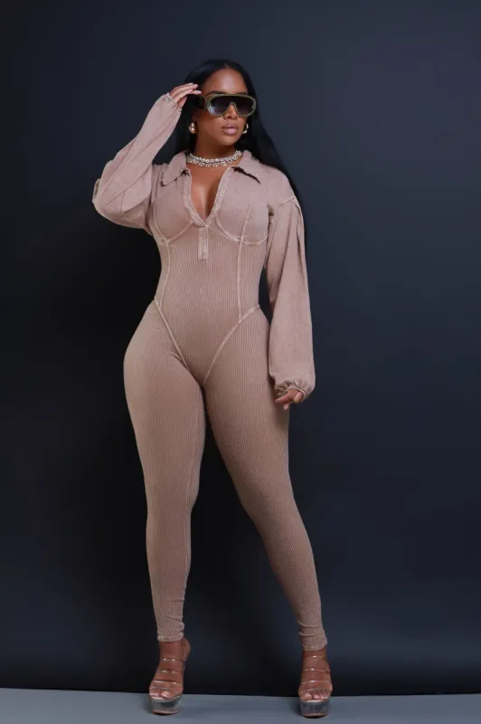 Order Up Mineral Wash Corset Lace Up Jumpsuit - Mocha sold by Swankaposh