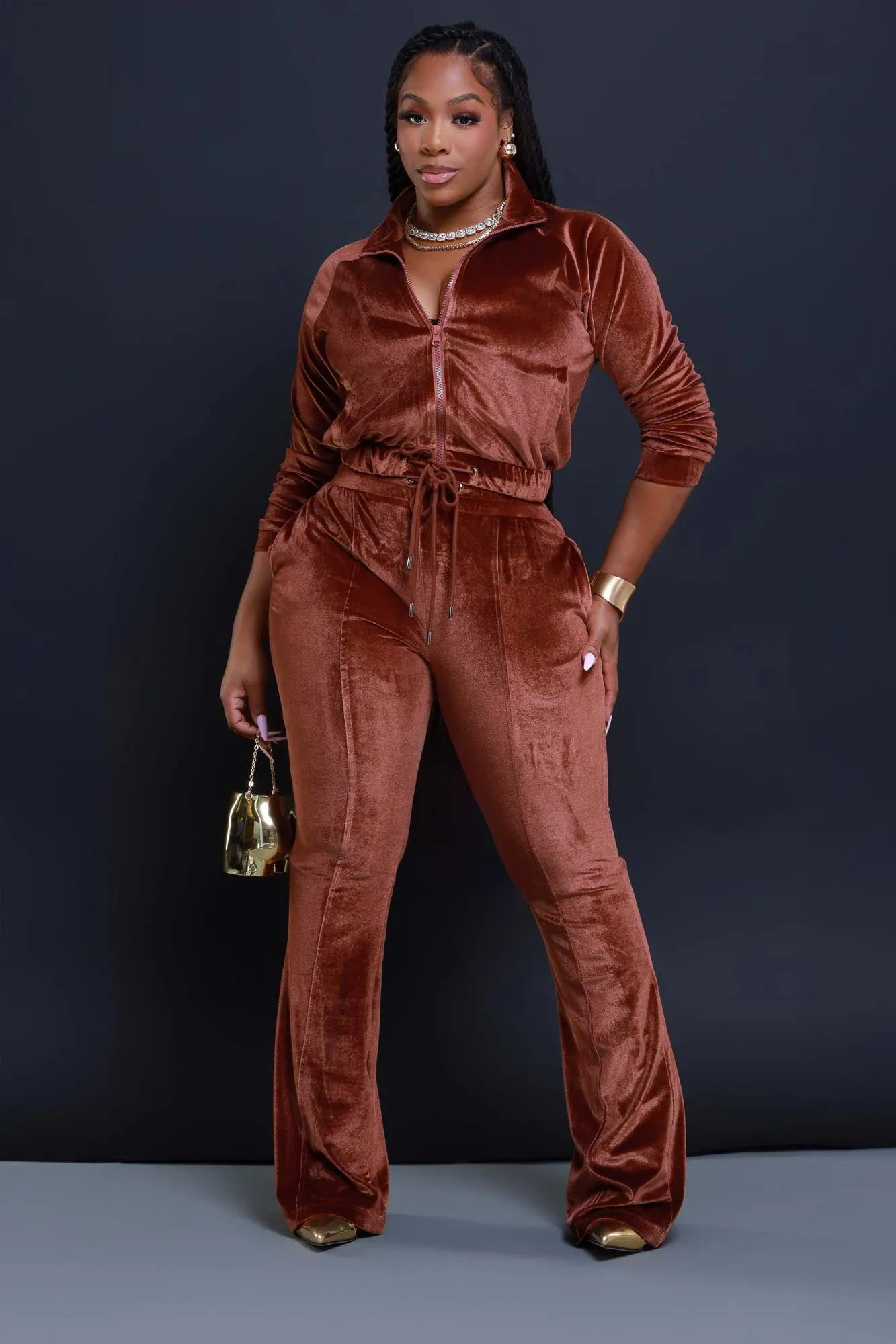 Say Something Velvet Jogger Set - Brown sold by Swankaposh