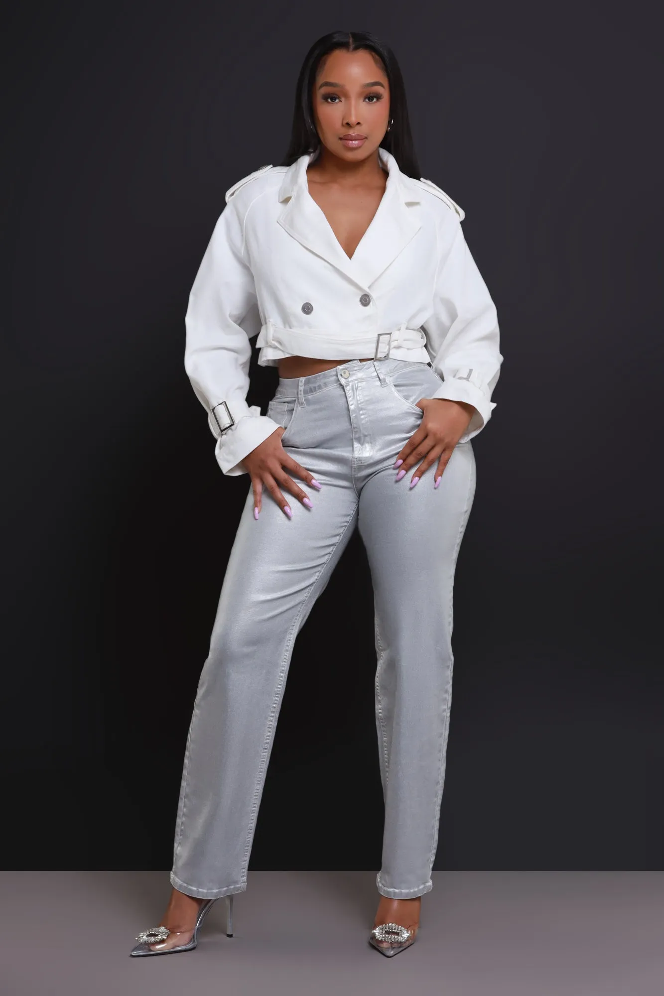 Take The Shot Cropped Denim Jacket - White sold by Swankaposh