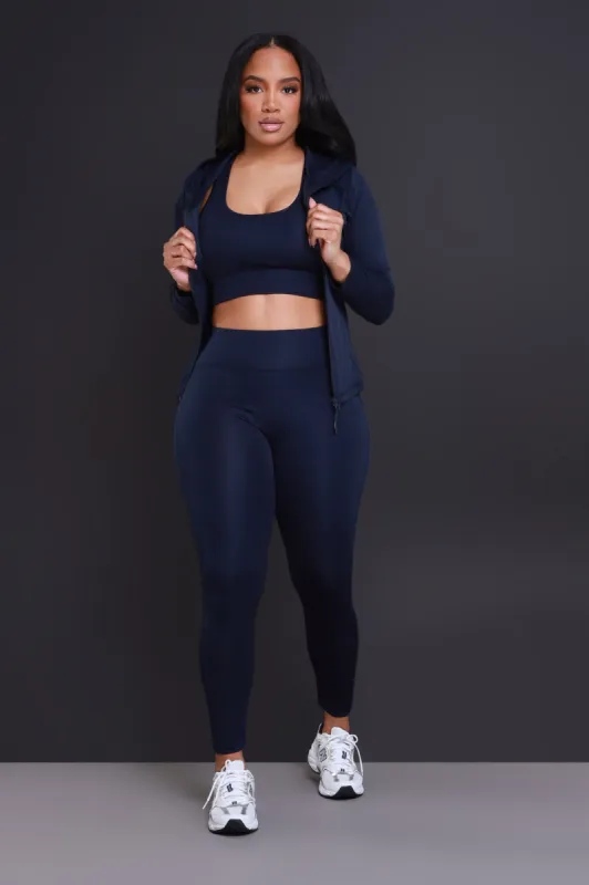 Spill The Tea Three Piece Cropped Athletic Set - Navy Blue sold by Swankaposh