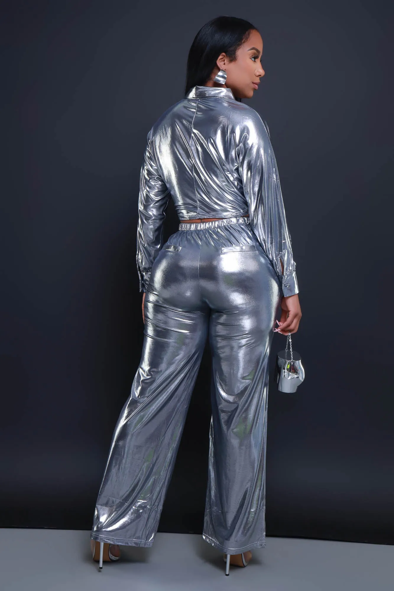 On The Radar Cropped Metallic Pants Set - Silver sold by Swankaposh product image thumbnail 3