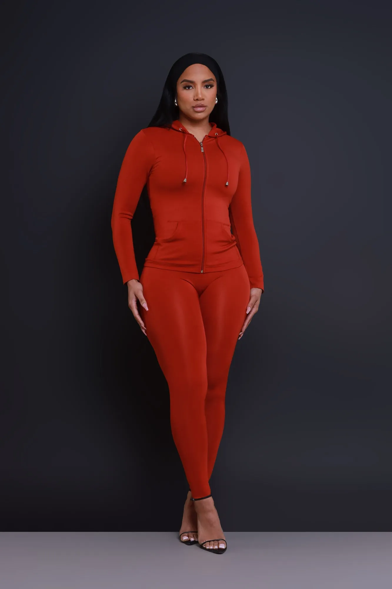Just Vibing Seamless Zip Up Legging Set - Brick sold by Swankaposh