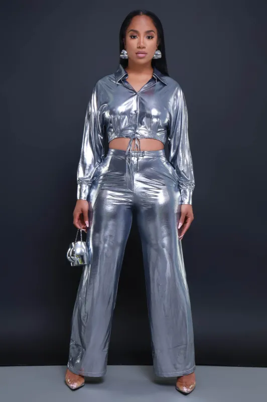 On The Radar Cropped Metallic Pants Set - Silver sold by Swankaposh