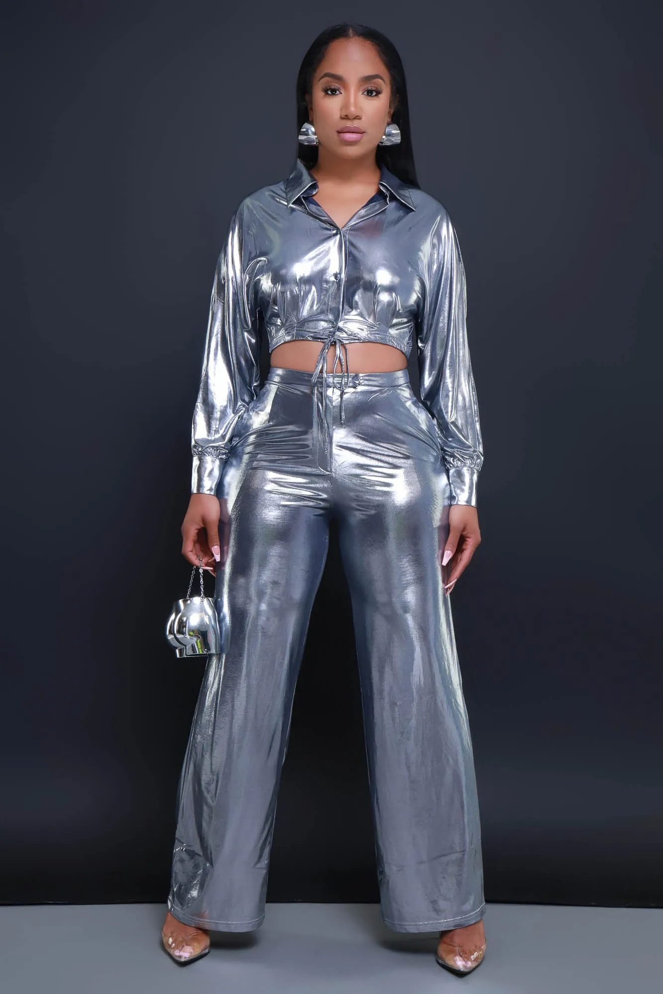 On The Radar Cropped Metallic Pants Set - Silver sold by Swankaposh