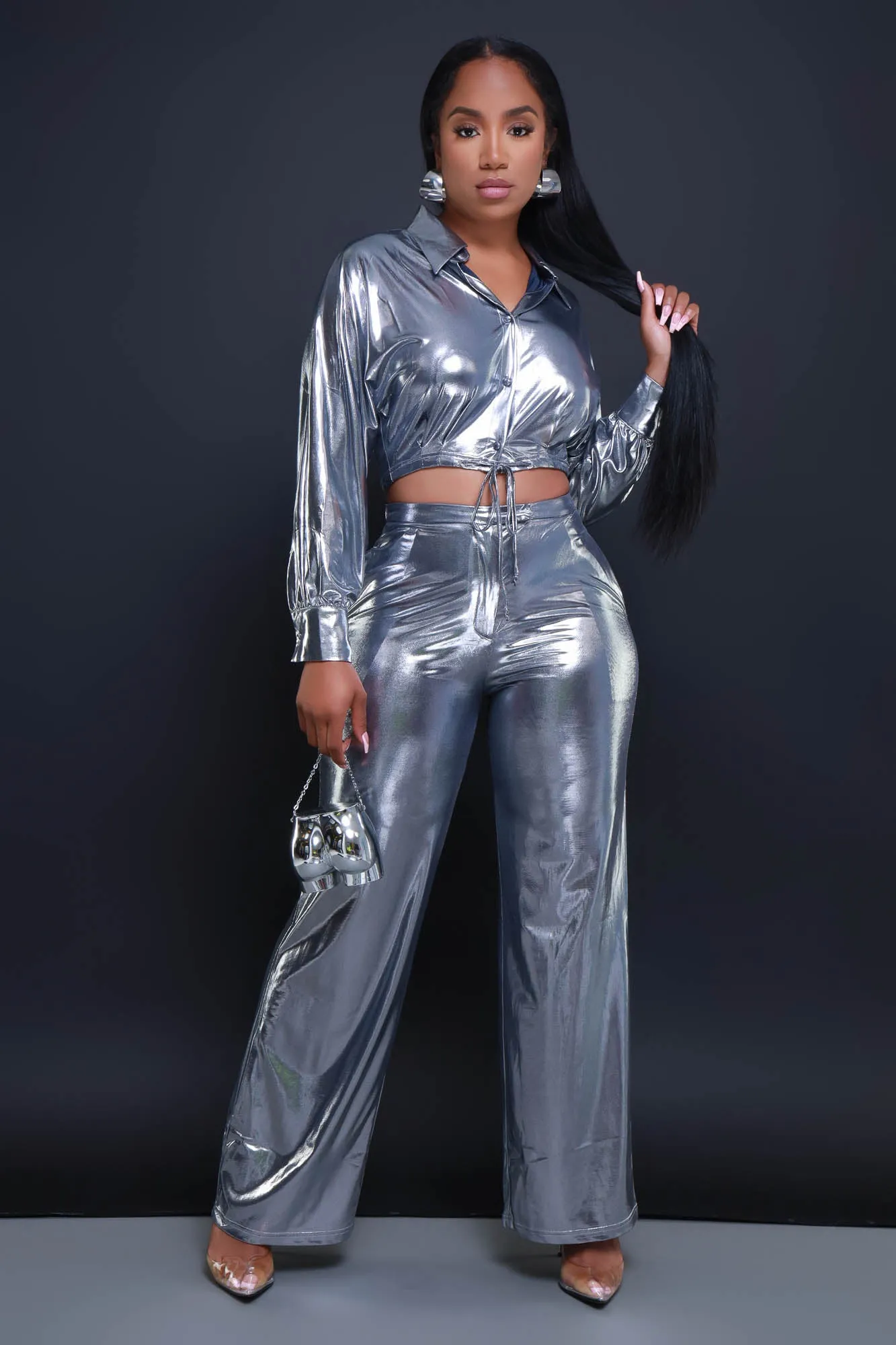 On The Radar Cropped Metallic Pants Set - Silver sold by Swankaposh product image thumbnail 5