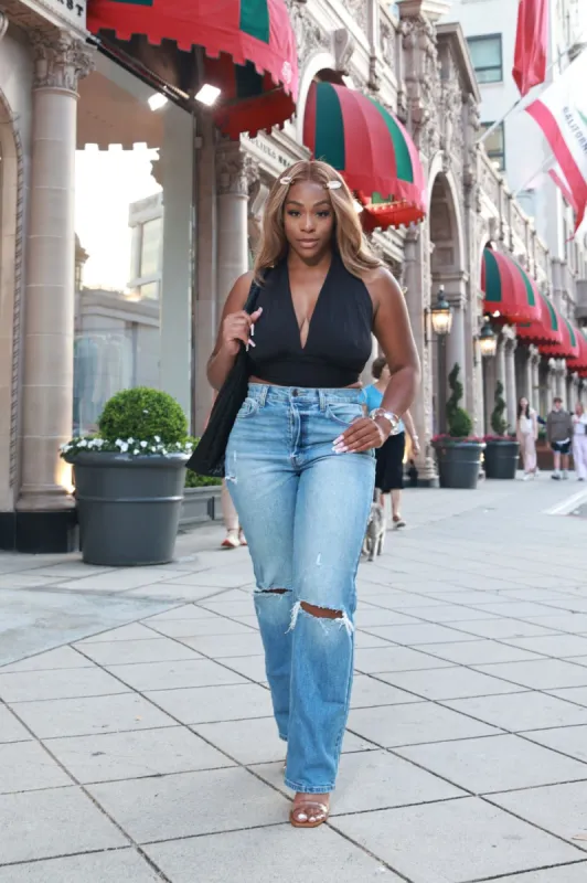 Studio Sesh High Rise Distressed Dad Jeans - Light Wash sold by Swankaposh