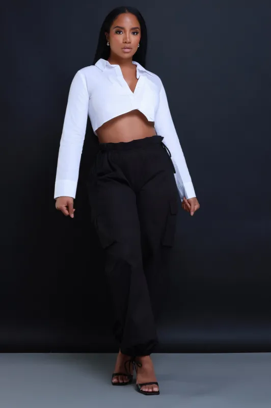 What About Us Wide Leg Drawstring Cargo Pants - Black sold by Swankaposh