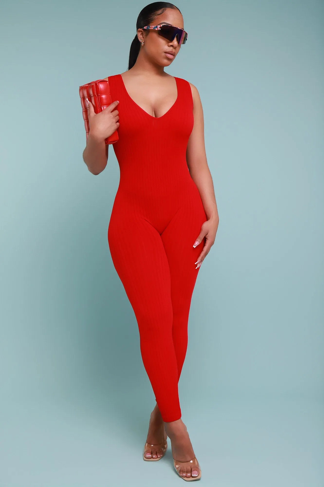 Iconic Sleeveless V-Neck Seamless Ribbed Jumpsuit - Red sold by Swankaposh