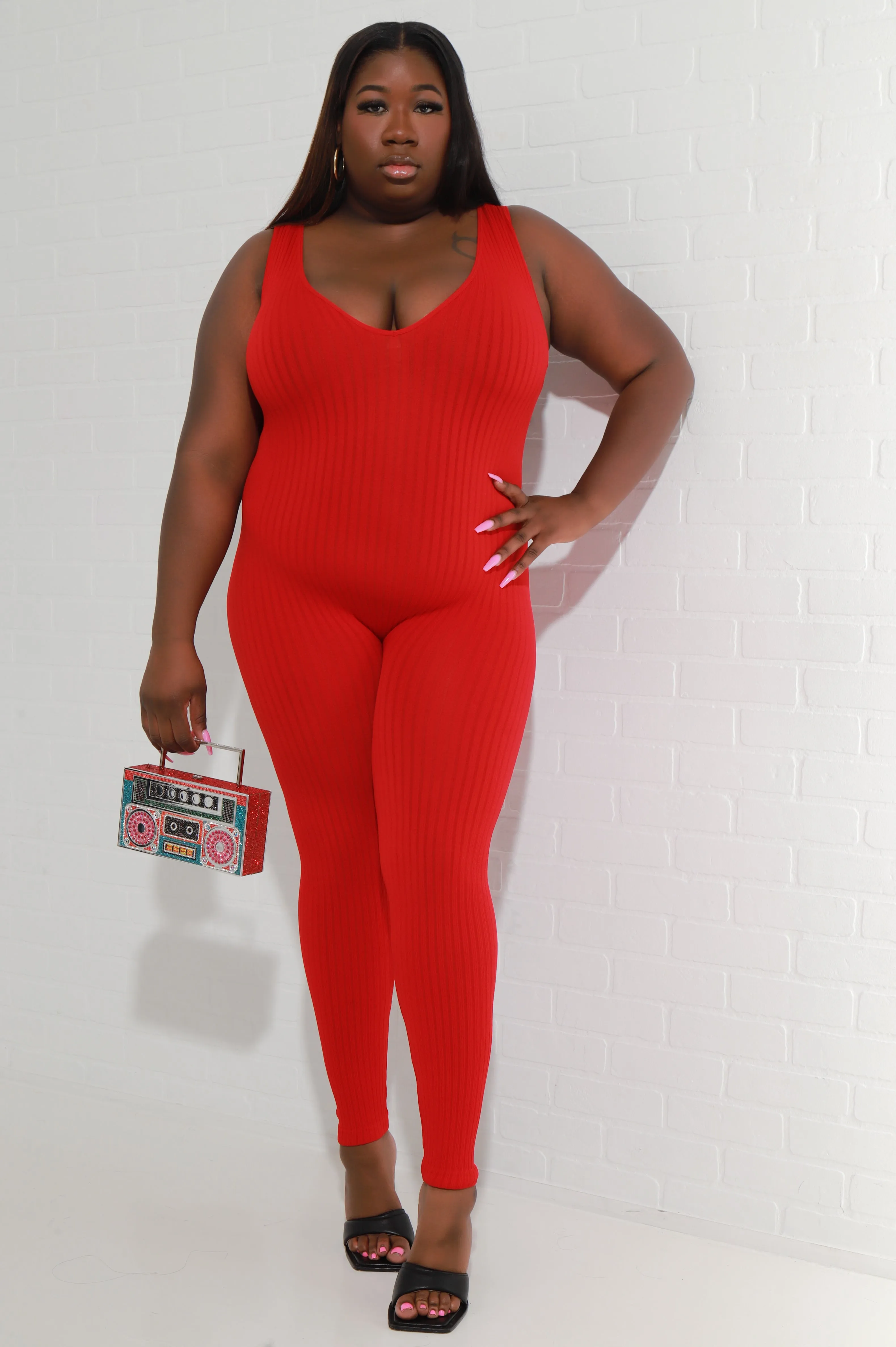 Iconic Sleeveless V-Neck Seamless Ribbed Jumpsuit - Red sold by Swankaposh product image thumbnail 3