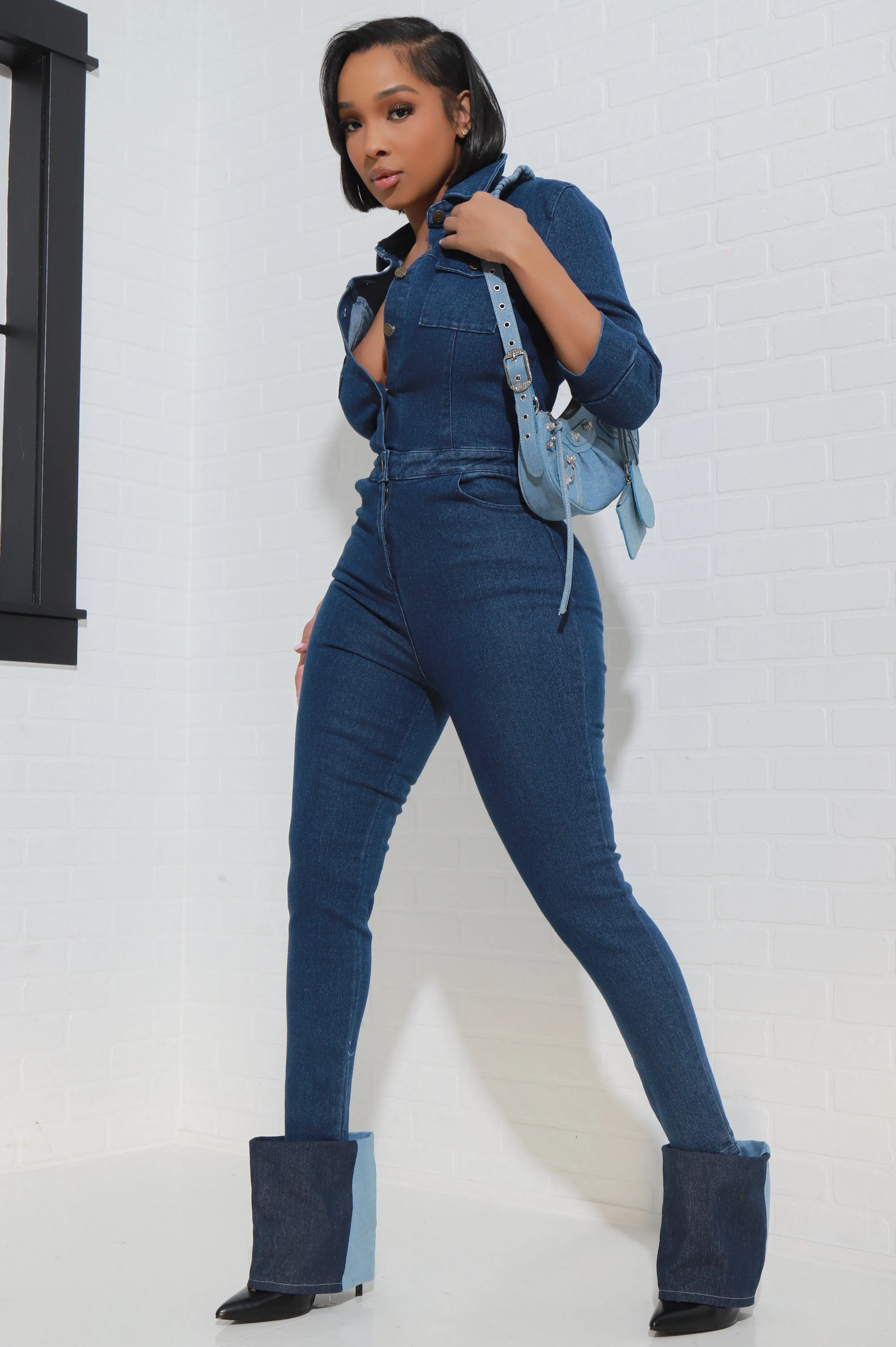 Other Half Button Up Denim Jumpsuit - Medium Wash sold by Swankaposh