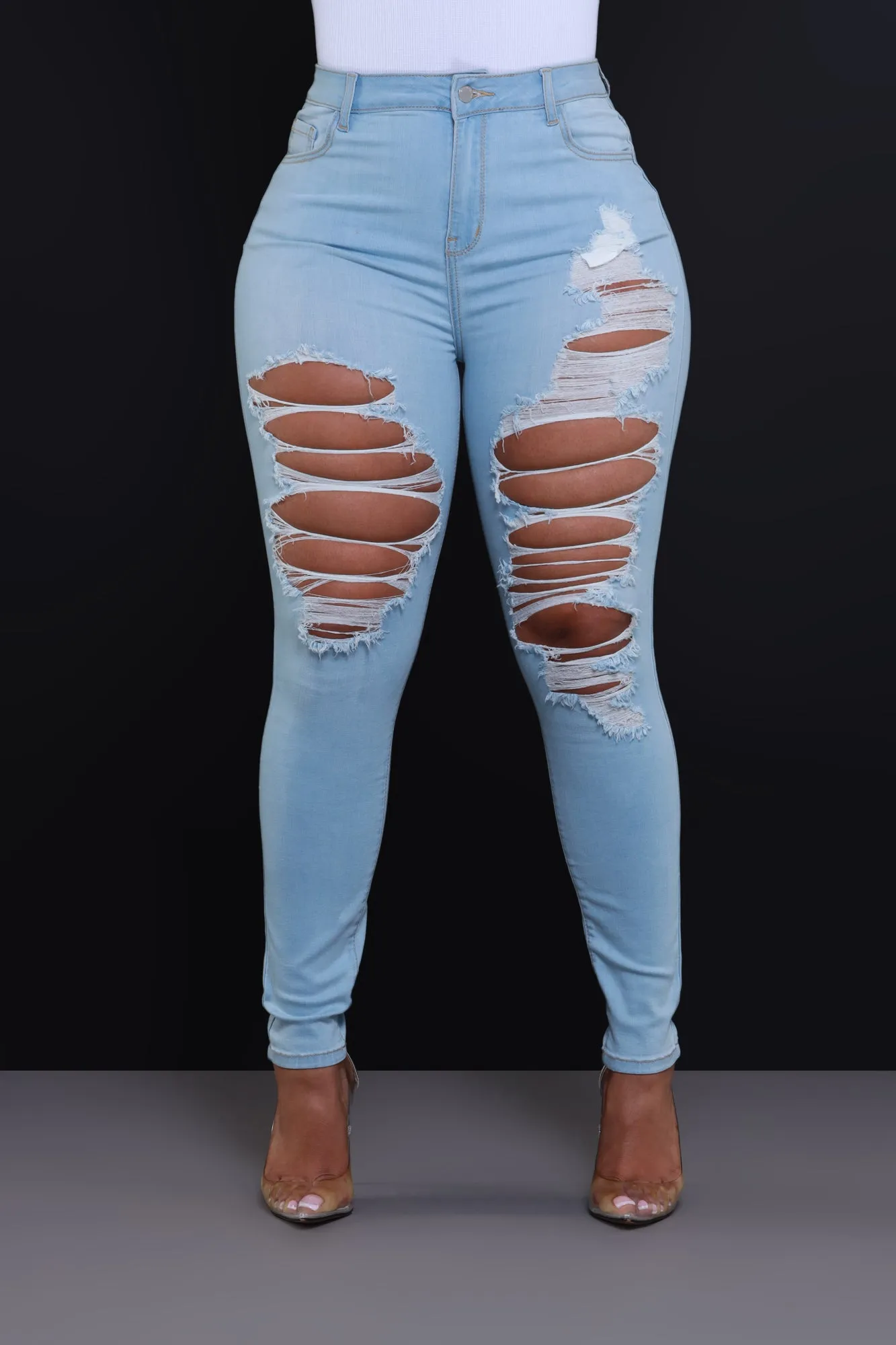 Headspace Mid Rise Hourglass Distressed Skinny Jeans - Light Wash sold by Swankaposh product image thumbnail 2
