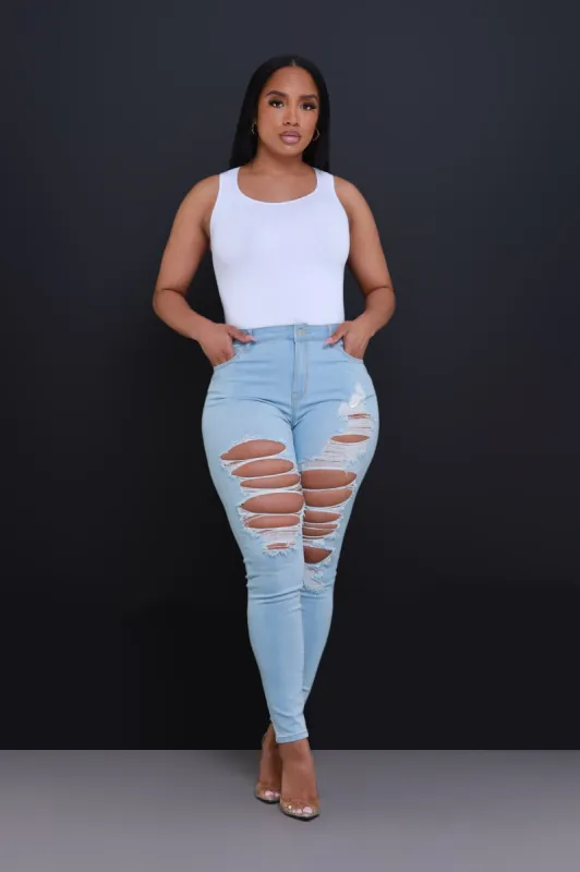 Headspace Mid Rise Hourglass Distressed Skinny Jeans - Light Wash sold by Swankaposh