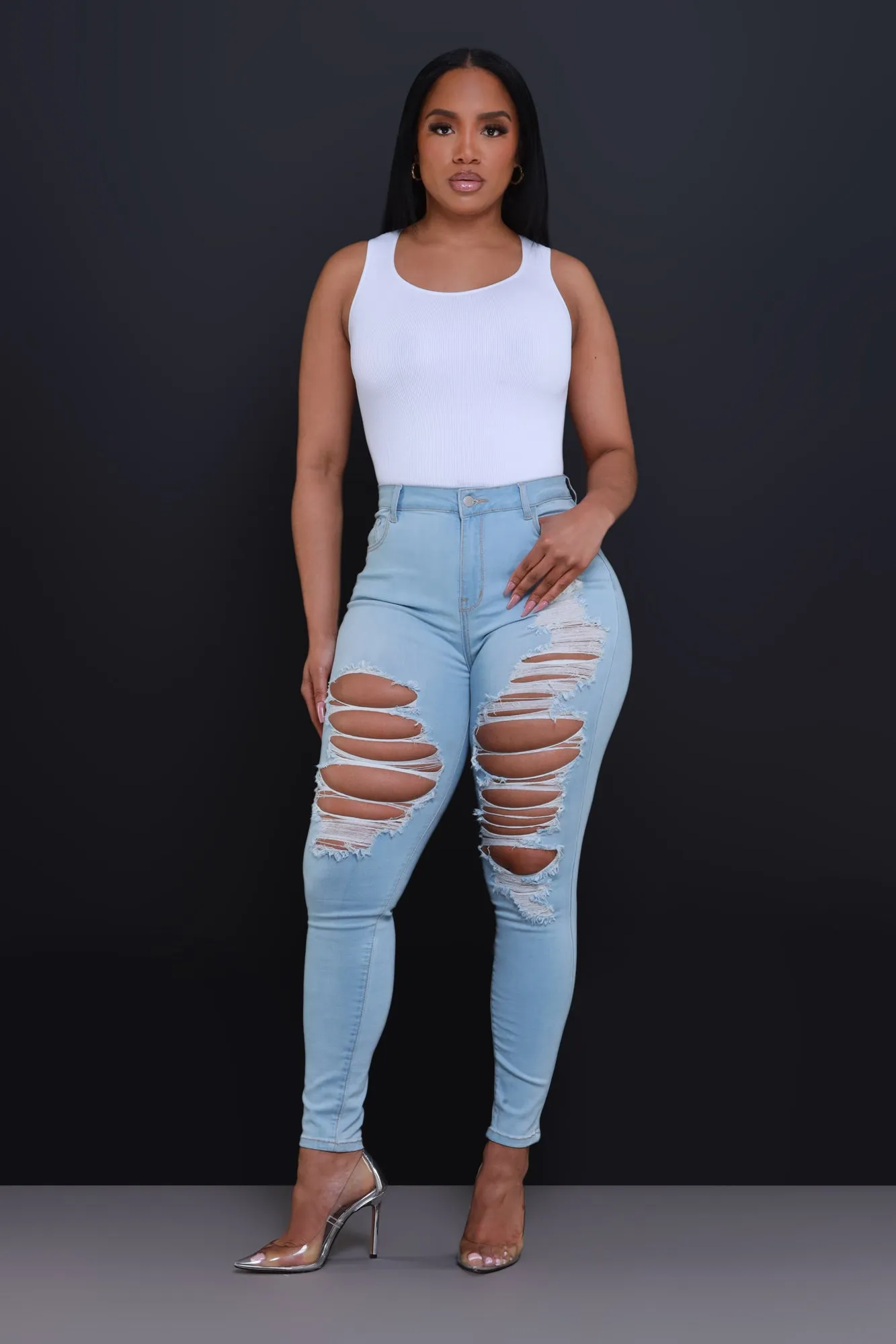 Headspace Mid Rise Hourglass Distressed Skinny Jeans - Light Wash sold by Swankaposh product image thumbnail 5