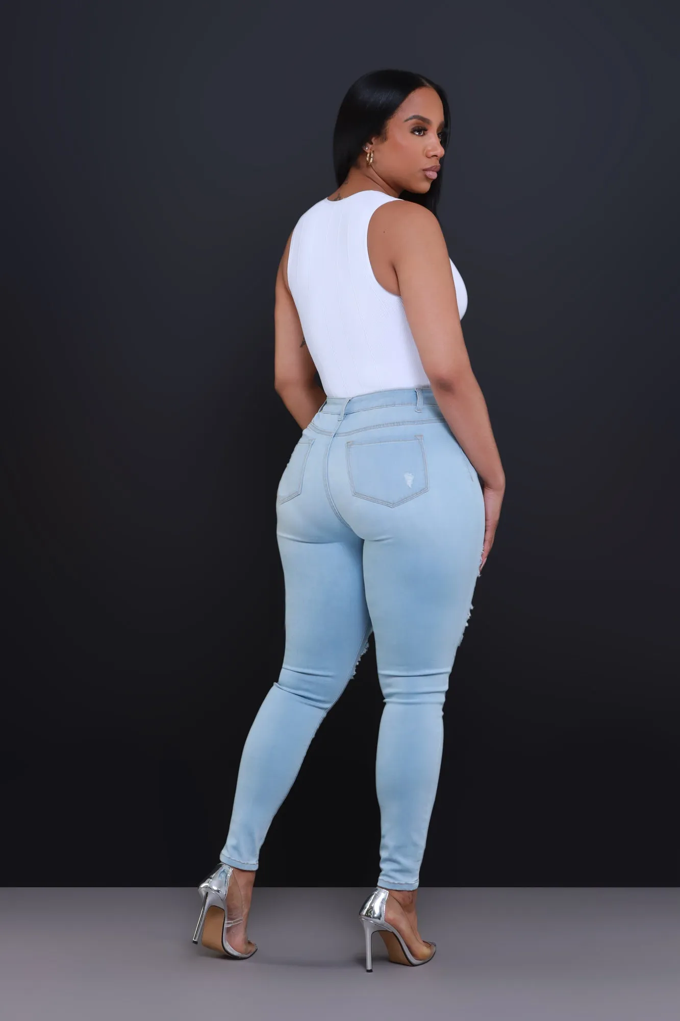 Headspace Mid Rise Hourglass Distressed Skinny Jeans - Light Wash sold by Swankaposh product image thumbnail 4