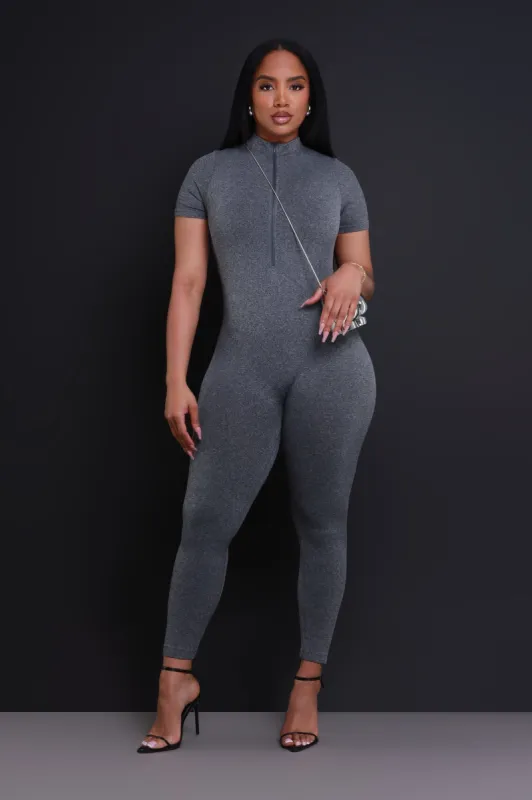 Can't Be Tamed Zip Up Jumpsuit - Grey sold by Swankaposh