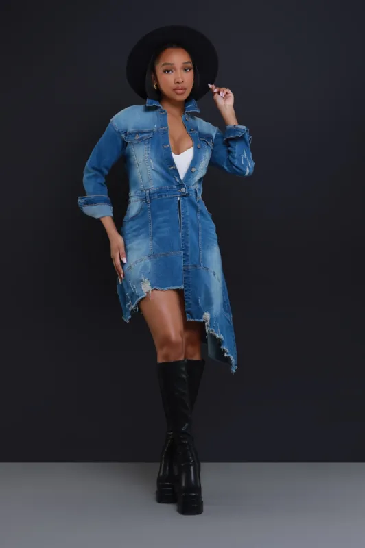 Here And Now Asymmetrical Denim Jacket - Medium Wash sold by Swankaposh