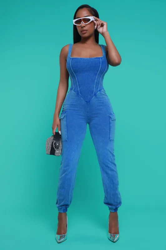 Sidetracked Sleeveless Cargo Jumpsuit - Blue Mineral Wash sold by Swankaposh