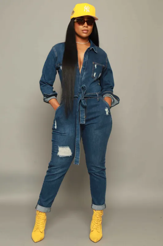 Over and Over Distressed Denim Jumpsuit - Medium Wash sold by Swankaposh
