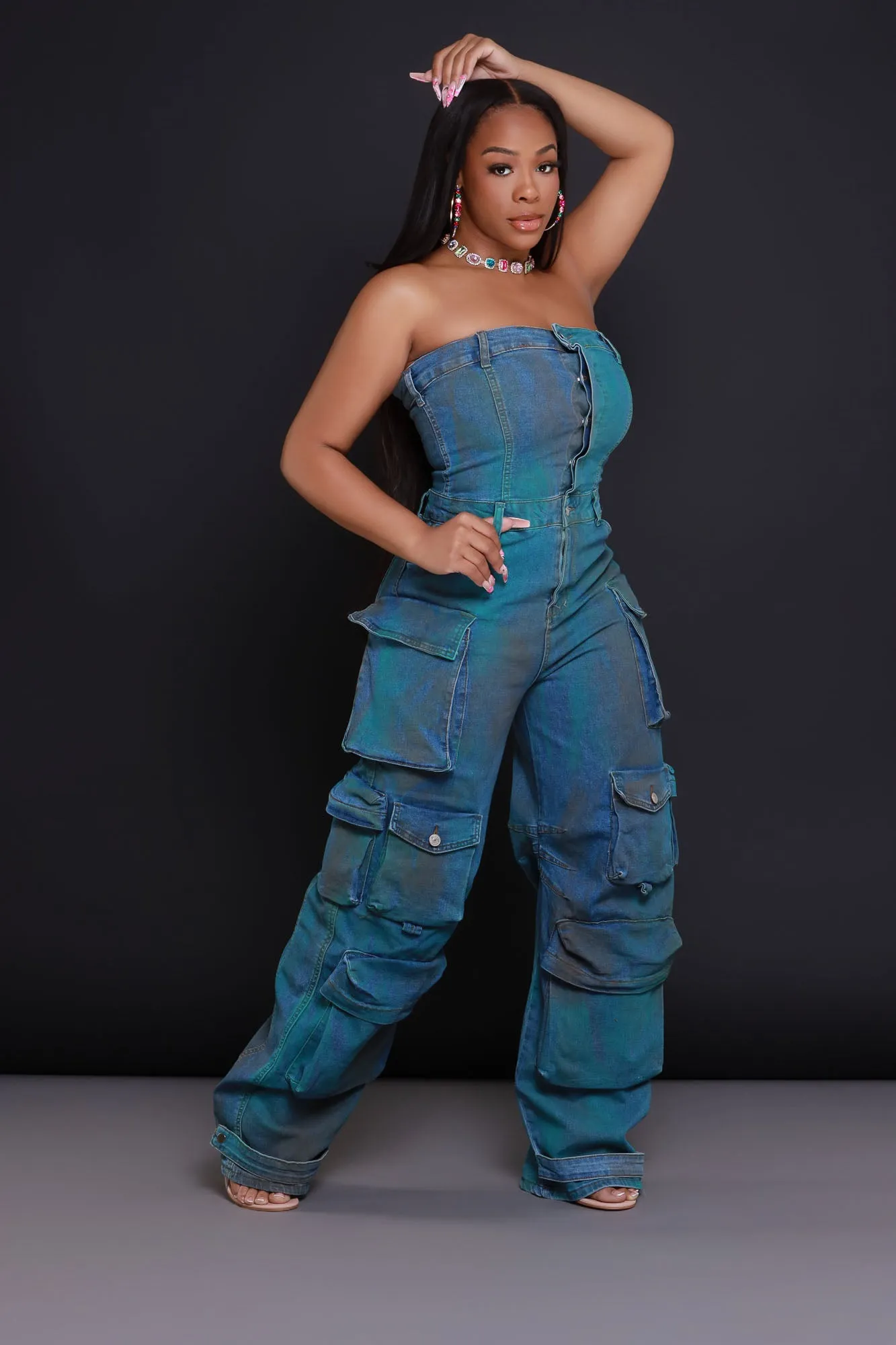 Can't Beat It Strapless Cargo Jumpsuit - Blue/Green sold by Swankaposh product image thumbnail 4