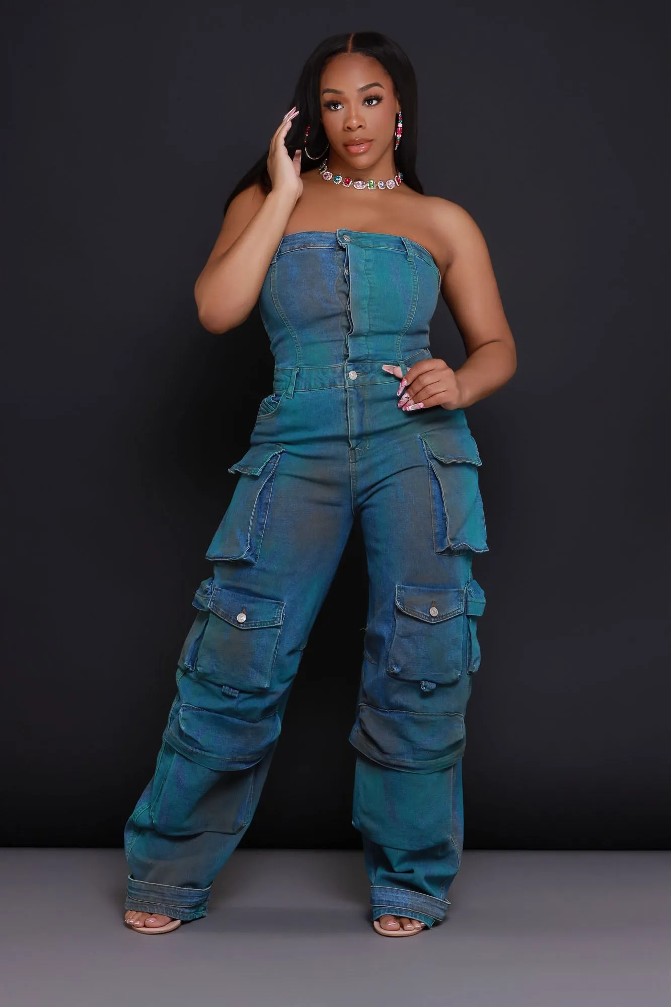 Can't Beat It Strapless Cargo Jumpsuit - Blue/Green sold by Swankaposh product image thumbnail 2