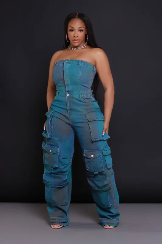Can't Beat It Strapless Cargo Jumpsuit - Blue/Green sold by Swankaposh