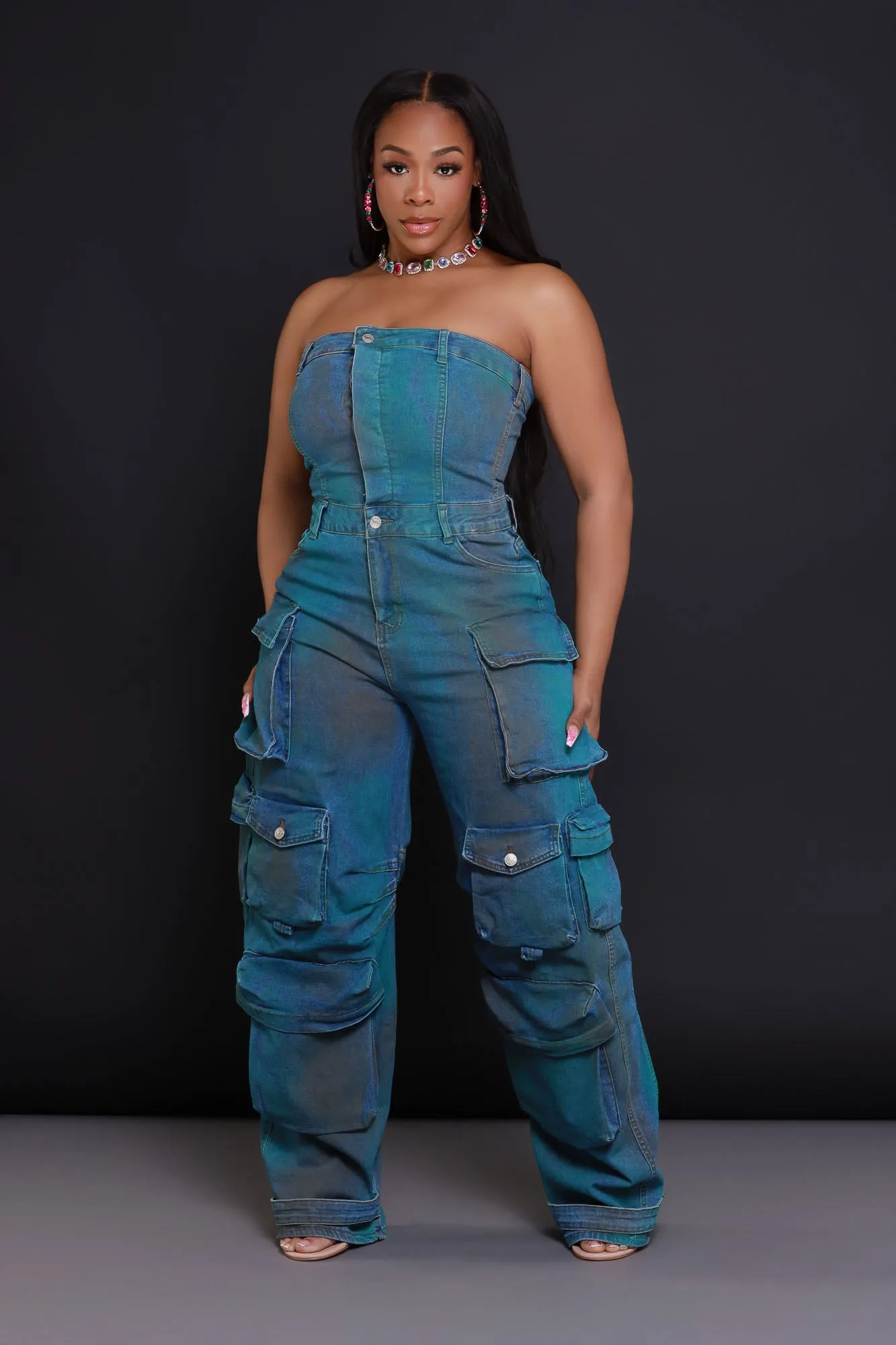 Can't Beat It Strapless Cargo Jumpsuit - Blue/Green sold by Swankaposh