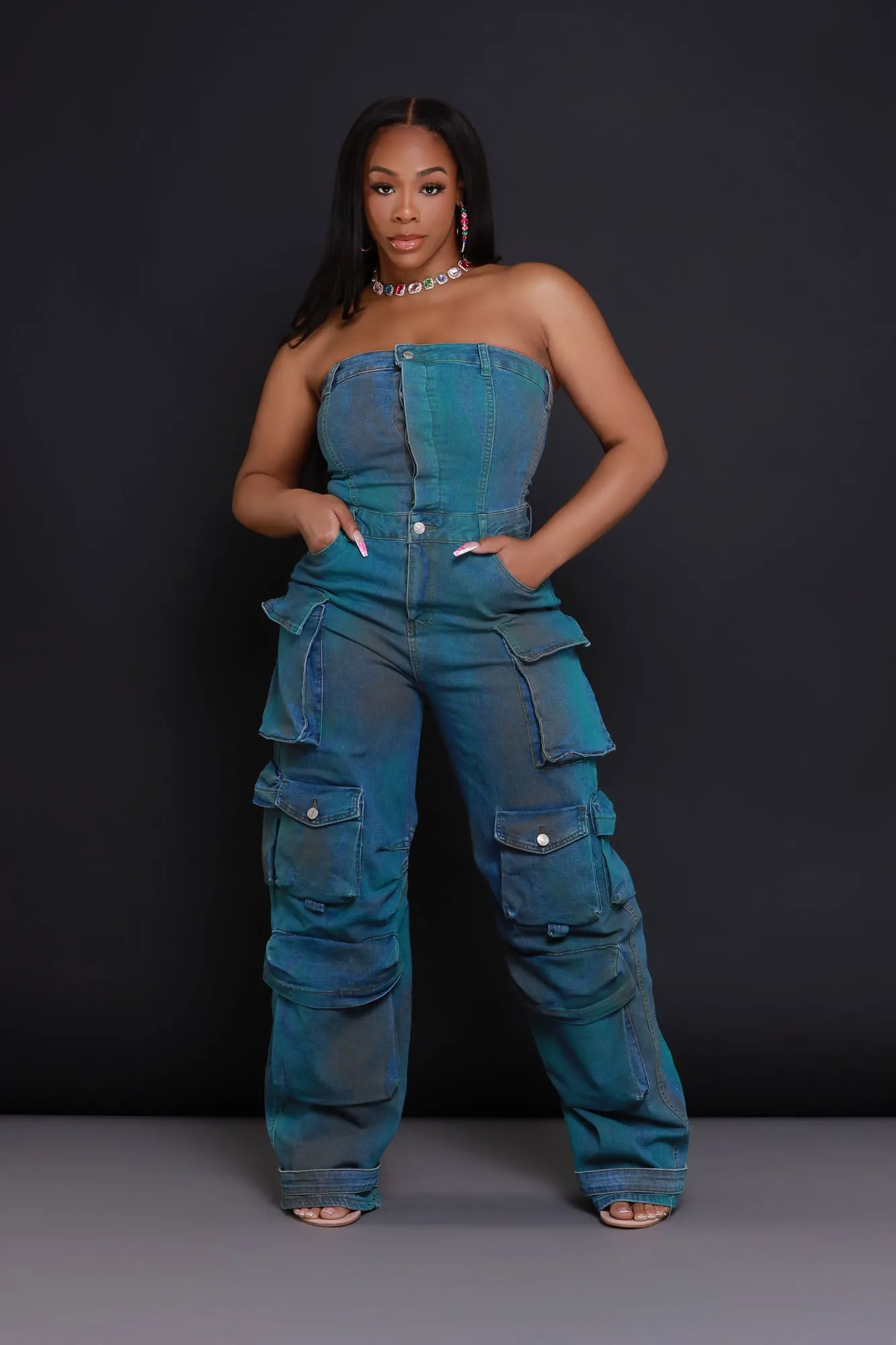 Can't Beat It Strapless Cargo Jumpsuit - Blue/Green sold by Swankaposh product image thumbnail 5