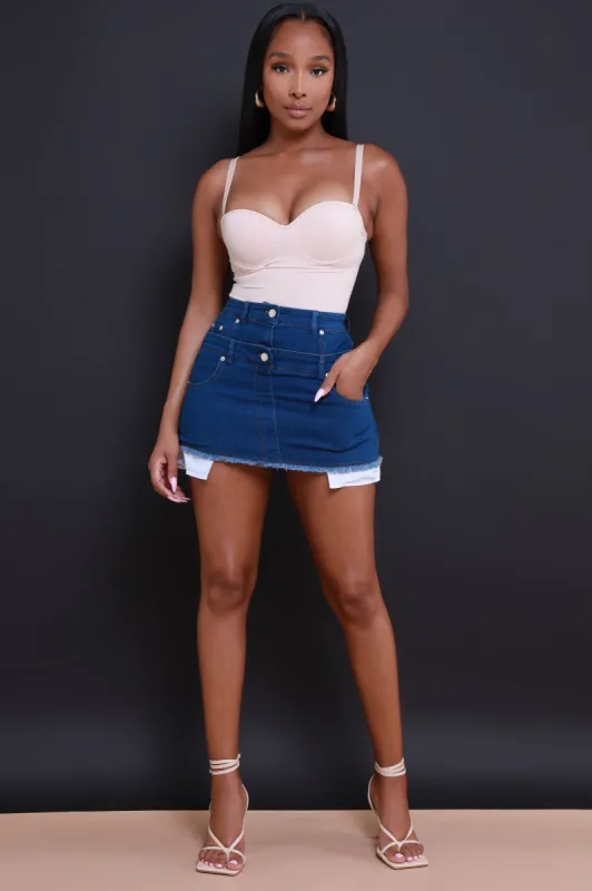 More Details Double Waist Denim Mini Skirt - Dark Wash sold by Swankaposh