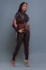 Top Priority Zippered Cropped Jogger Set - Dark Brown Faux Leather sold by Swankaposh